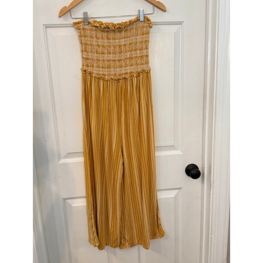 Eyeshadow Mustard Smocked Jumpsuit Small Boho Resort Coastal Wide Leg